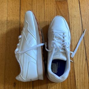 Womens Reebok classic sneakers- white leather, super shiny bright white. Size 9